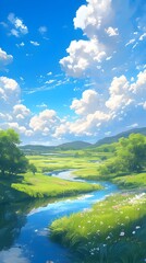 Serene Pastoral Landscape with Lush Meadow and Flowing River Under Soft Cloudy Sky