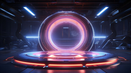 3D rendering of sci-fi stretch background with geometric tunnel and neon lines, 3d rendering concept illustration