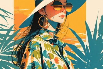 A vintage-style illustration of a woman in sunglasses and a hat, wearing retrofuturistic attire with tropical patterns, set against an abstract background of palm trees and sunsets.