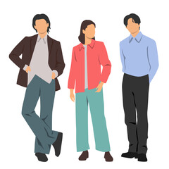  Set of young  two men and woman, different colors, cartoon character, group of silhouettes of standing business people, students, design concept of flat icon, isolated on white background