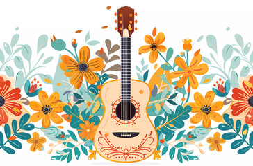 Cinco de Mayo,5th May Mexico holiday.guitar and flowers background.vector illustration.