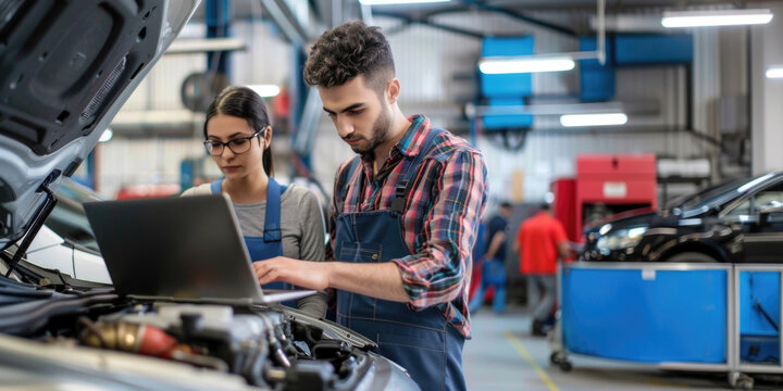 Auto mechanic working on laptop while running car diagnostic with his coworker in auto repair shop