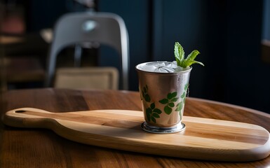 Photo Mint julep cocktail served on wooden board in restaurant setting - obrazy, fototapety, plakaty