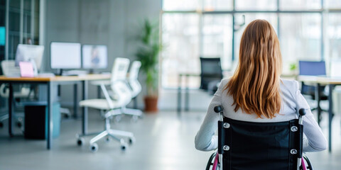 Rear view of businesswoman with disability uses wheelchair while going through the office - Powered by Adobe