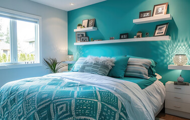 A stylish teenager's bedroom with a light blue wall, grey bed and white bookcase near a wooden floor. The bedroom is decorated in the style of a minimalist design with light colors and simple furnishi