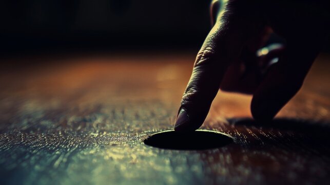 A person's finger is poking a hole in the side of a coin, AI