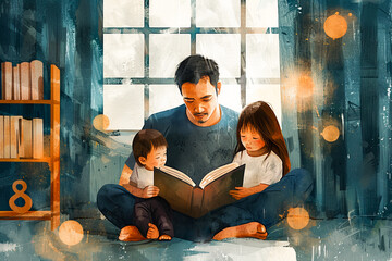 An illustration of father with siblings, daughter and son. Dad is reading book of fairy tales in cozy room. Happy childhood concept, family activities. Father's day. World book day
