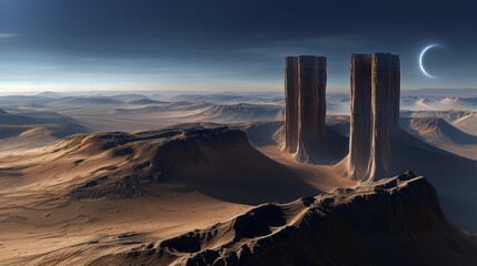 Futuristic Twin Towers Rising From A Deserted Canyon - obrazy, fototapety, plakaty