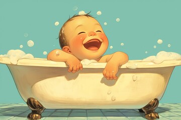 happy baby in a bathtub with soap suds against a solid blue background - obrazy, fototapety, plakaty