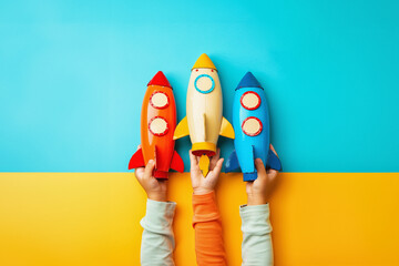 Launch of a different colorful rockets on colorful wooden background, held by children's hands. Successful learn different professions concept.
