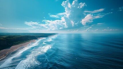 Breathtaking Ocean Horizon at Serene Coastal Sunrise with Warm Sunny Skies and Tranquil Waves