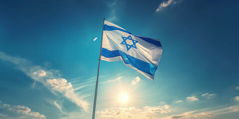 Israel flag in the blue sky. Horizontal panoramic banner.