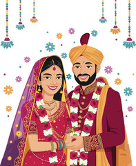 A cartoon of a man and woman dressed in traditional indian clothing