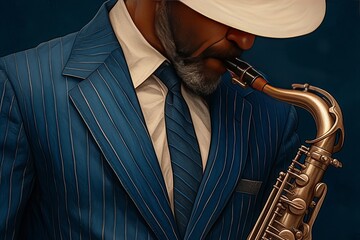 portrait of an African American jazz musician, saxophone player in a blue suit and fedora hat, jazz club background - obrazy, fototapety, plakaty