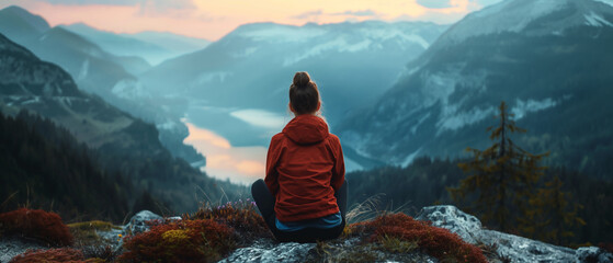 Solitary traveler contemplating a serene mountain lake at dusk. Generative AI - obrazy, fototapety, plakaty