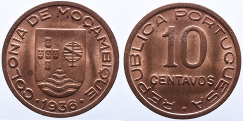 Bronze coin from the Portuguese colony of Mozambique. 20th century