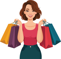 Cheerful woman standing with colourful shopping bags