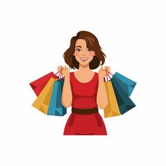 Cheerful woman standing with colourful shopping bags