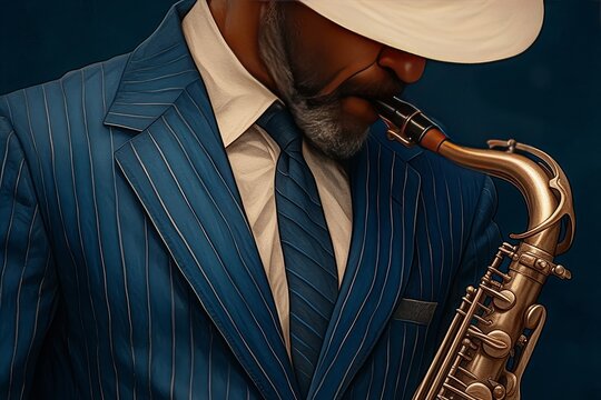 portrait of an African American jazz musician, saxophone player in a blue suit and fedora hat, jazz club background