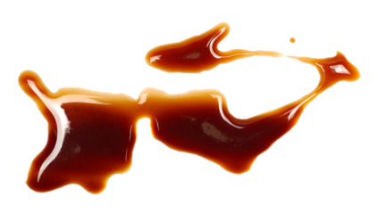 Spilled instant coffee with foam, stains isolated on white background, top view