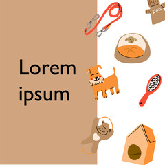 Cartoon dogs and equipment, supplies for pets and puppy breeds background