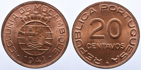 Bronze coin from the Portuguese colony of Mozambique. 20th century