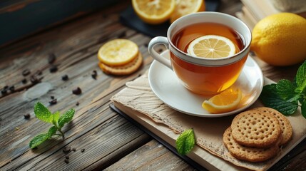 Obraz na płótnie Canvas Morning Refreshment Tea with Lemon and Treats on a Wooden Surface