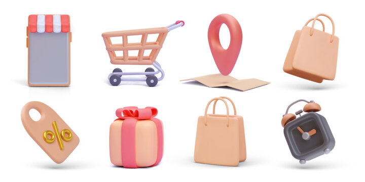 Set of realistic shopping vector icons isolated on white background. Store, cart, map, bag, discount, gift, clock