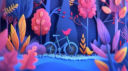 world car free day with green bicycle on global, paper cut style, bicycle park at colorful forest