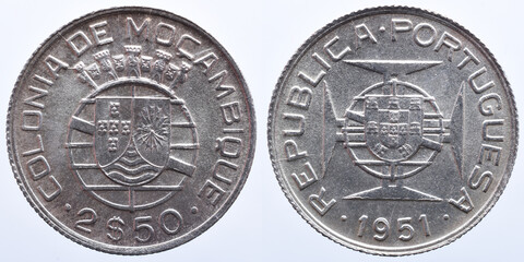 Silver coin from the Portuguese colony of Mozambique. 20th century - obrazy, fototapety, plakaty