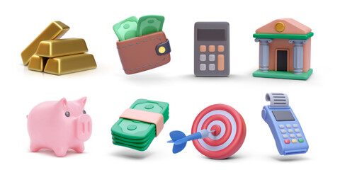 Set of realistic banking vector icons isolated on white background. Gold bars, wallet, calculator, bank, piggy, dollars, target, terminal