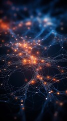 AI neural network graphic visualization, intricate connections and data points glowing on dark background, focus on deep learning ,ultra HD,digital photograph