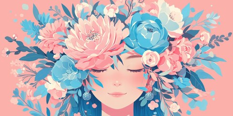 woman face with a pink background and flowers, turquoise blue hair