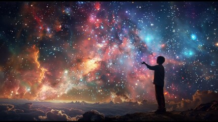 A man standing on a hill looking at the stars, AI