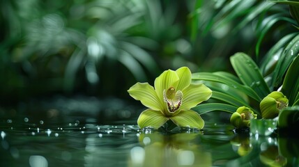 Exquisite green orchid blossom surrounded by lush greenery at the edge of a tranquil pond
