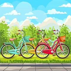 world car free day with green bicycle on global, paper cut style, bicycle park at colorful garden