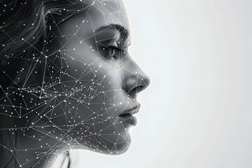 Side Silhouette human face with digital telecommunication graphic on image, ai, technology, computer.
Futuristic telecom communication with woman face on solid background. - obrazy, fototapety, plakaty