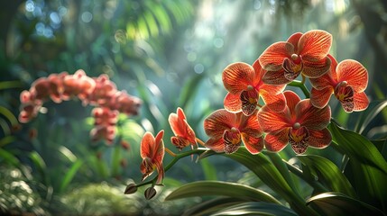 Enchanting dance of light red orchids in a vibrant garden captured in stunning detail