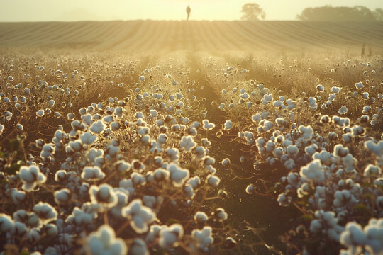 In the midst of the harvest season, a cotton farm stretches out as far as the eye can see, with rows upon rows of cotton plants extending into the distance