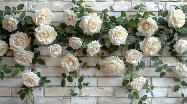 white roses allover winding up in tendrils on a old creme white painted brick wall, illustration made with Generative Ai