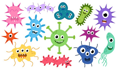 Obraz premium Cute cartoon characters virus, bacteria, microbe, germs set. Microbiology organism of different types of colorful and shapes. Mascots expressing emotions. Vector children illustration in flat design.