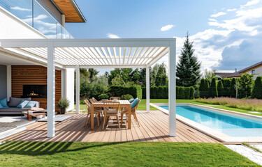 A white wood pavilion with an outdoor dining area and wooden deck, surrounded by green grass near the pool in front of a modern minimalist house.