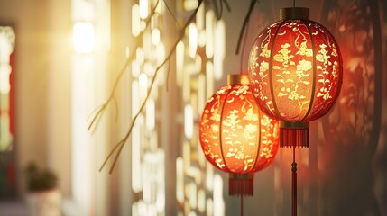 Ornate Chinese lanterns casting a warm glow against a pristine white surface, creating a captivating ambiance.