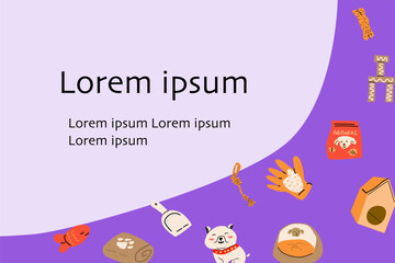 Cartoon dogs and equipment, supplies for pets and puppy breeds background