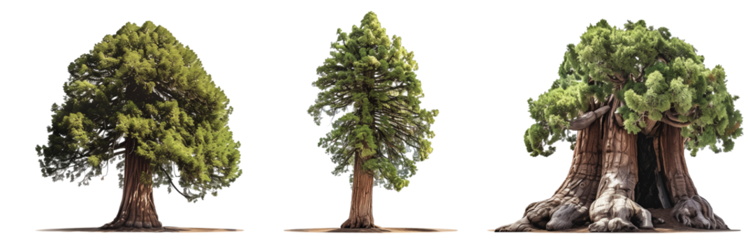set of Sequoia trees, highlighting their massive trunks and foliage patterns, isolated on transparent background