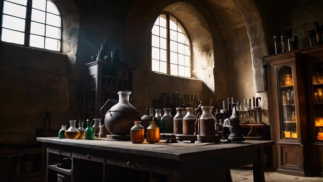 old-fashioned charm of alchemy, this photograph portrays an alchemist's lab as a place of mysticism, science, and ancient manuscripts