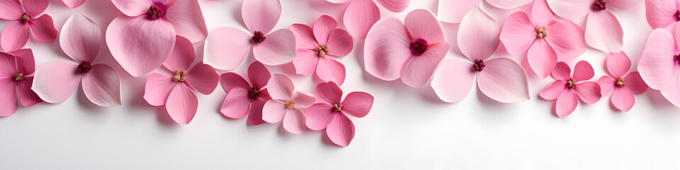 Pink petals of tulips or roses flowers top view isolated on a white background. 