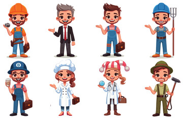 illustration of cartoon characters standing side by side, each depicting a different profession or character