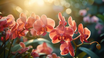 Vibrant light red orchids blooming in a lush garden under the gentle warmth of the sunlight