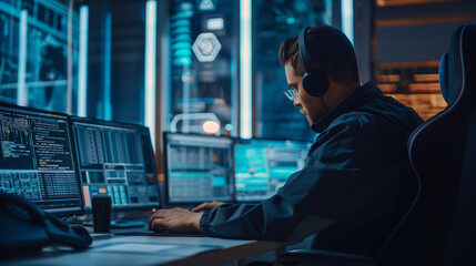 Hacker in hat, man with hidden face, accesses personal information on laptop in the dark technology concept cyber crime cyber security Cryptography and hackers in server room with holograms